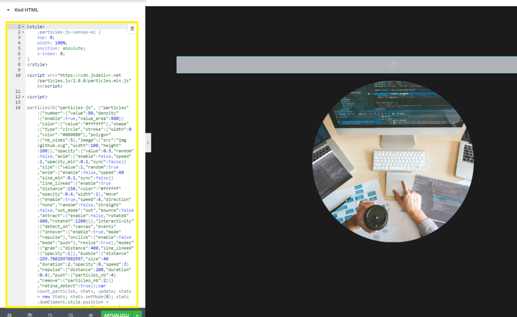 Ekran edycji kodu HTML