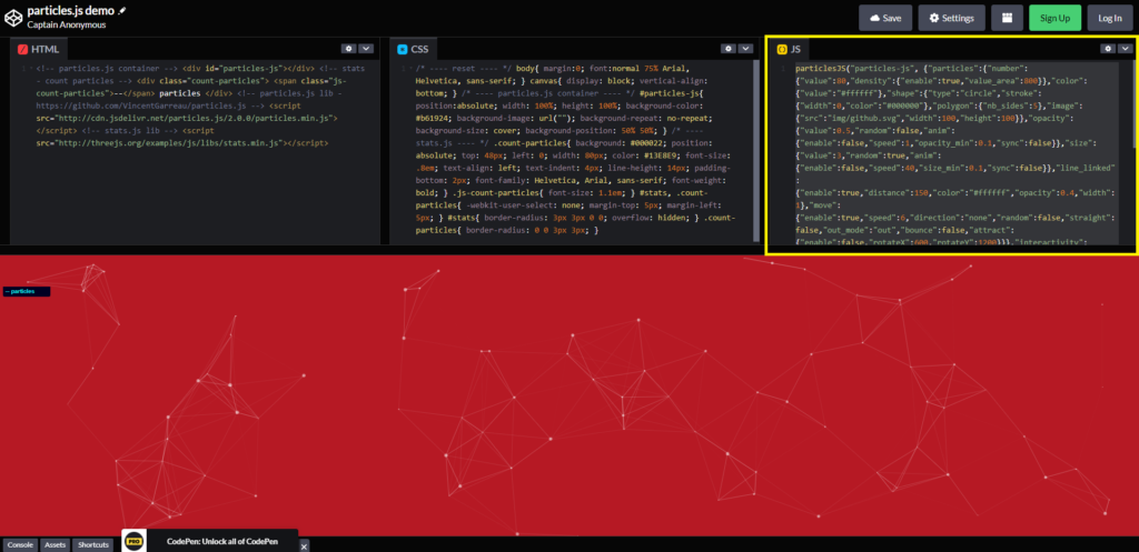 Kod JavaScript do skopiowania ze strony particles.js