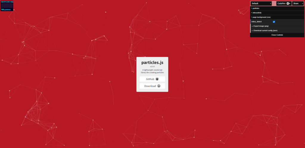 Obraz widoku ze strony particles.js na której można tworzyć i edytować różne efekty cząsteczek