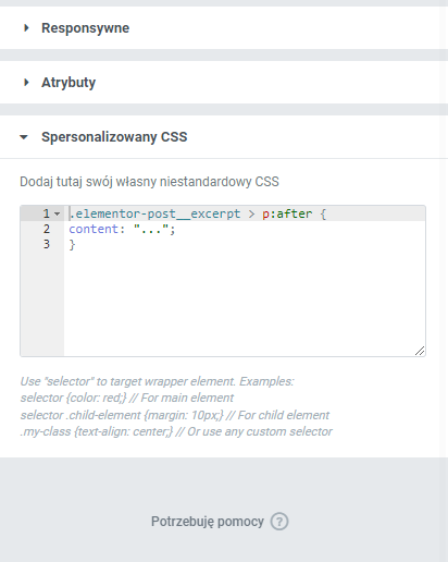 Sekcja Spersonalizowany CSS w zakładce Zaawansowane elementu Wpisy.