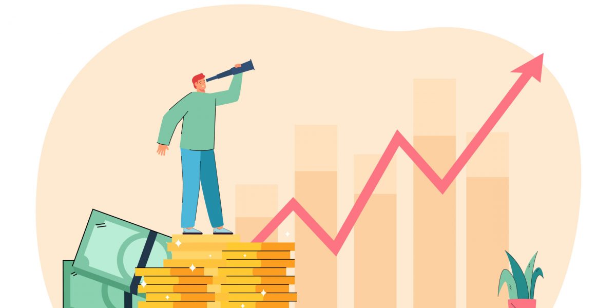 Tiny businessman with spyglass standing on stack of coins. Increase of income flat vector illustration. Financial growth, investment, success concept for banner, website design or landing web page